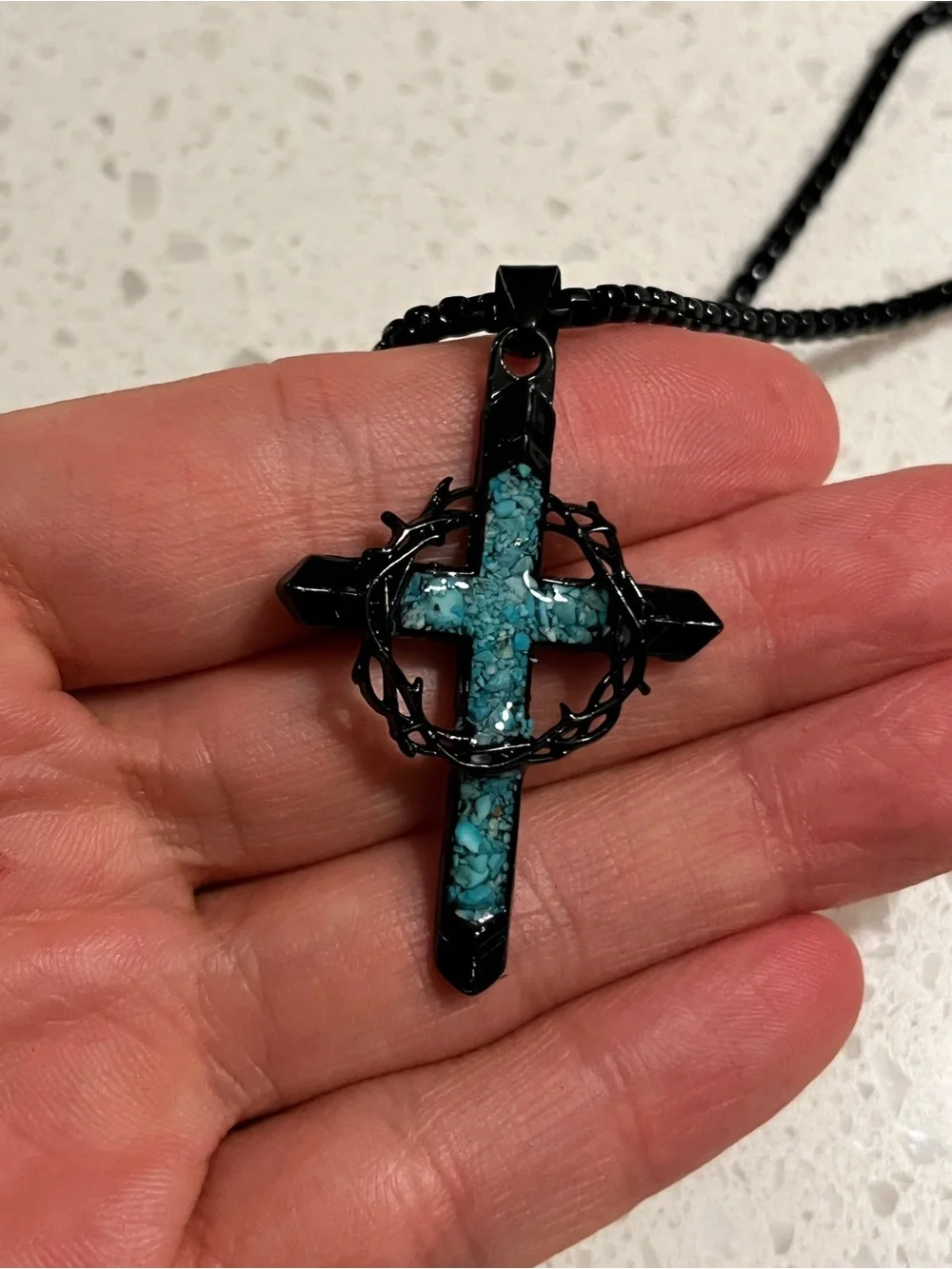 Thorn Wrapped Cross Faux Turquoise Necklace with PRINT of inlay turquoise stone